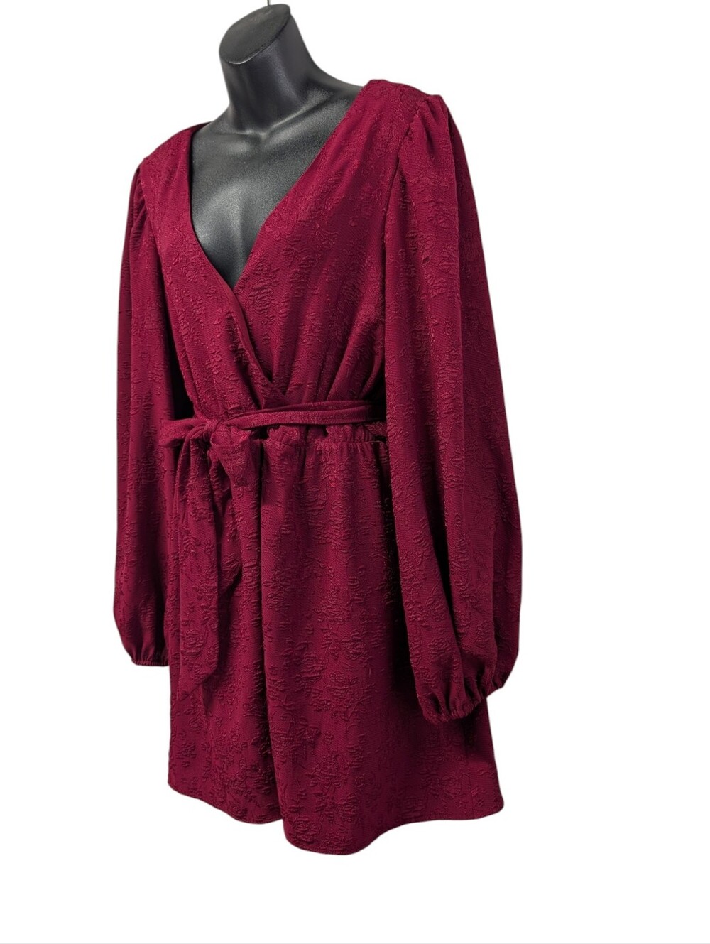 Lulus Burgundy Red Textured Wrap Dress Women's XL Long Puff Sleeve - Picture 3 of 8